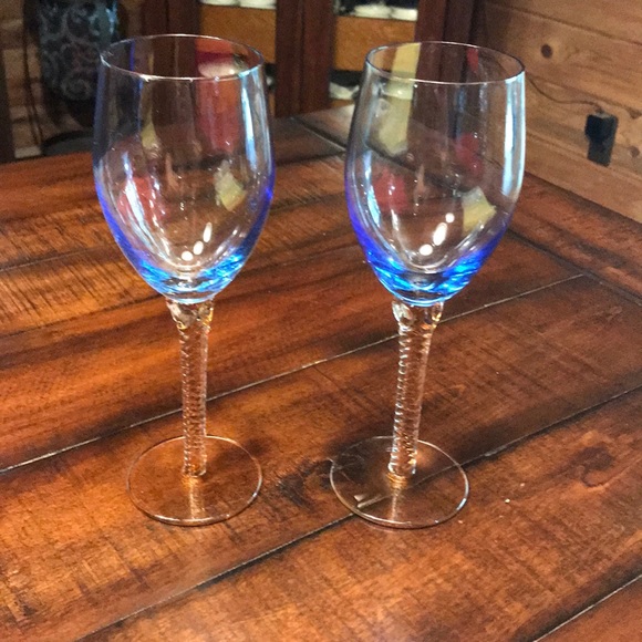 Pier 1 Dining Wine Glasses Clear Goblet Blue Tint Peachy Stem Poshmark